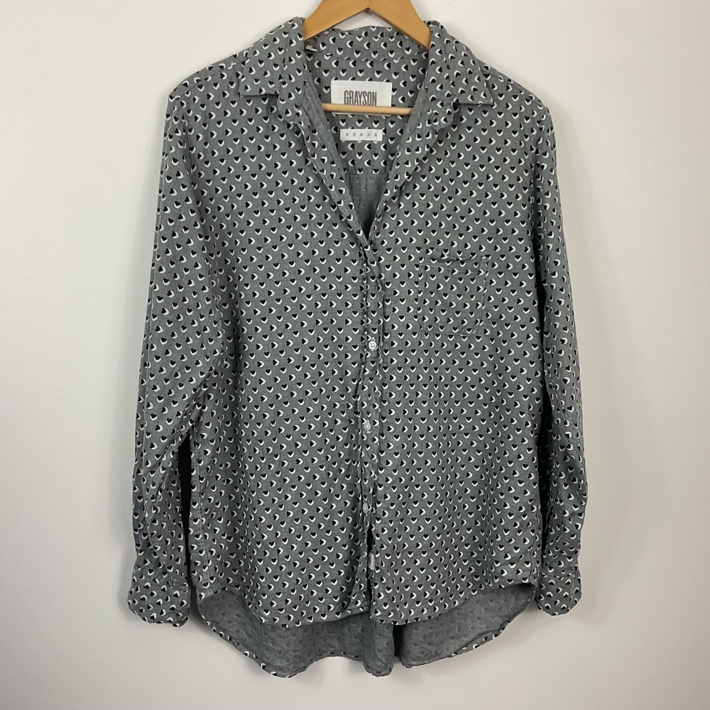 Grayson Hero Shirt Gray Heart Print Button Up Long Sleeve Women's 4